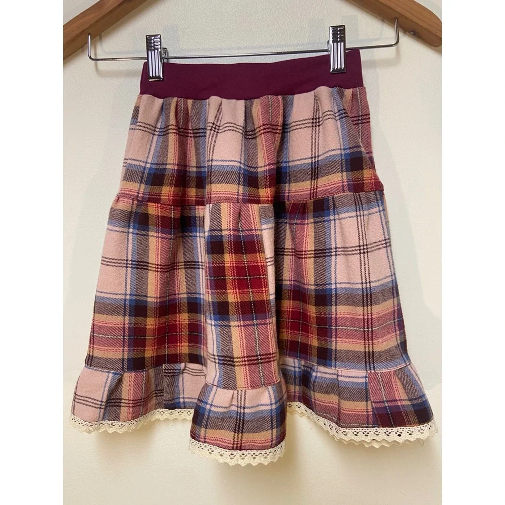 Girls Flannel Mom and Pop's Kids Midi Skirt Size 3 Pink Plaid Upcycled Lace